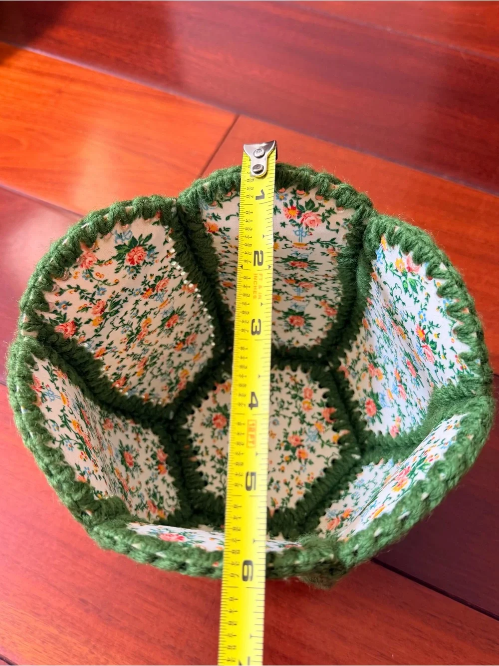 Handmade Hexagonal Floral Fabric Basket w/ Green Yarn Trim Small 6x5
